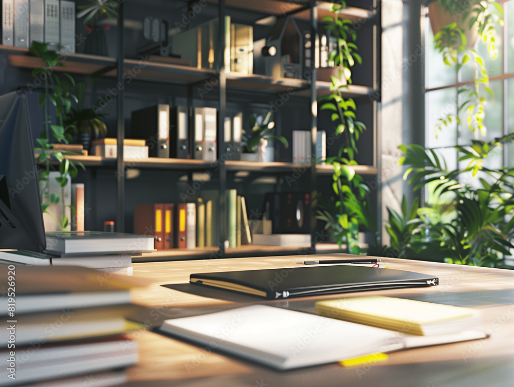 Modernes Büro mit Schreibtisch und Regal im Hintergrund, gefüllt mit Rinbuchordner. Modernes Büro mit Schreibtisch und Regal im Hintergrund, gefüllt mit Rinbuchordner.