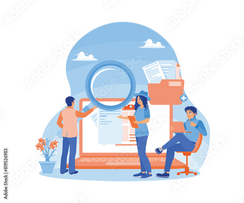 People use magnifying glasses to search for documents. Using applications on a laptop. Database concept. Flat vector illustration.