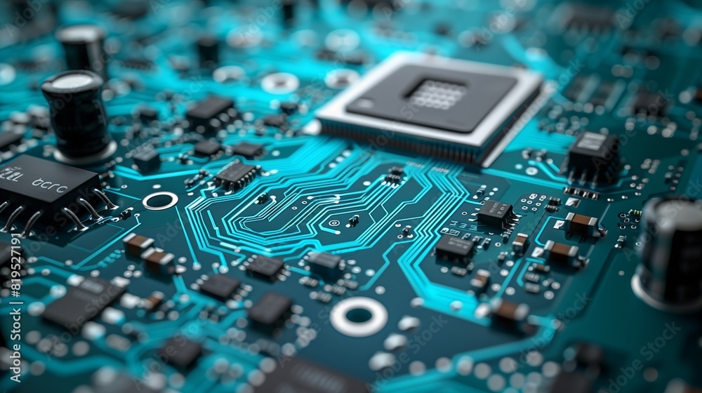 Detailed View of a Cerulean Blue Printed Circuit Board (PCB) with a Focus on High-Tech Electronic Components Detailed View of a Cerulean Blue Printed Circuit Board (PCB) with a Focus on High-Tech Electronic Components