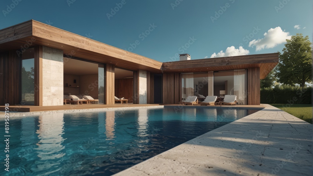 Fototapeta premium Architecture modern villa with swimming pool in the evening, 3D building design illustration
