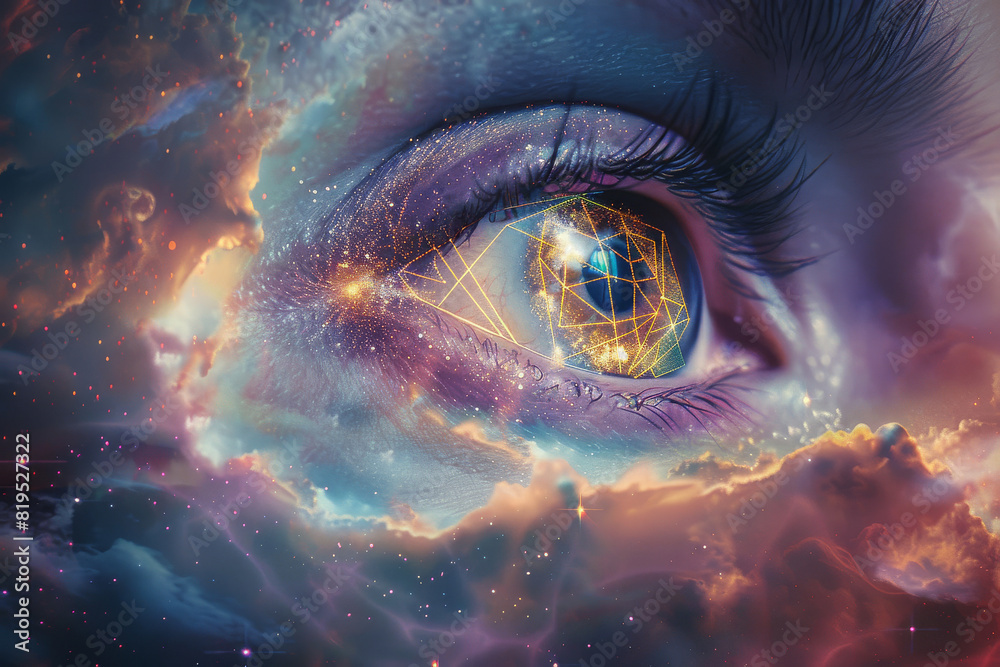 A surreal close-up of an eye reflecting the universe with geometric shapes, blending cosmic imagery and abstract art. A surreal close-up of an eye reflecting the universe with geometric shapes, blending cosmic imagery and abstract art.