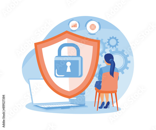 Woman saving data on laptop. Save the file in the main folder. Database concept. Flat vector illustration.