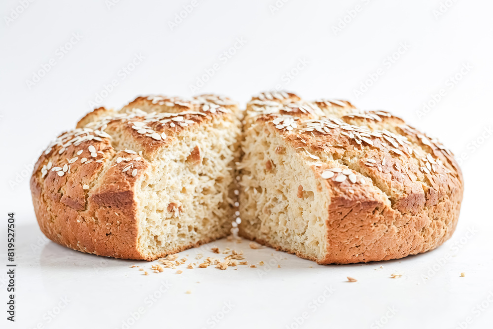 Freshly baked oat bread, cut in half, isolated on white background Freshly baked oat bread, cut in half, isolated on white background