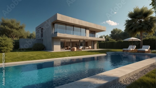 Architecture modern villa with garden and swimming pool, 3D building design illustration © free