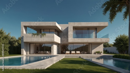 Architecture modern villa with garden and swimming pool, 3D building design illustration