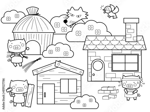 かわいい三匹のこぶたの塗り絵