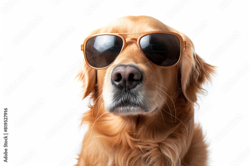 Golden Retriever with Sunglasses: A golden retriever wearing oversized sunglasses, tilting its head slightly to the side with a playful expression. 