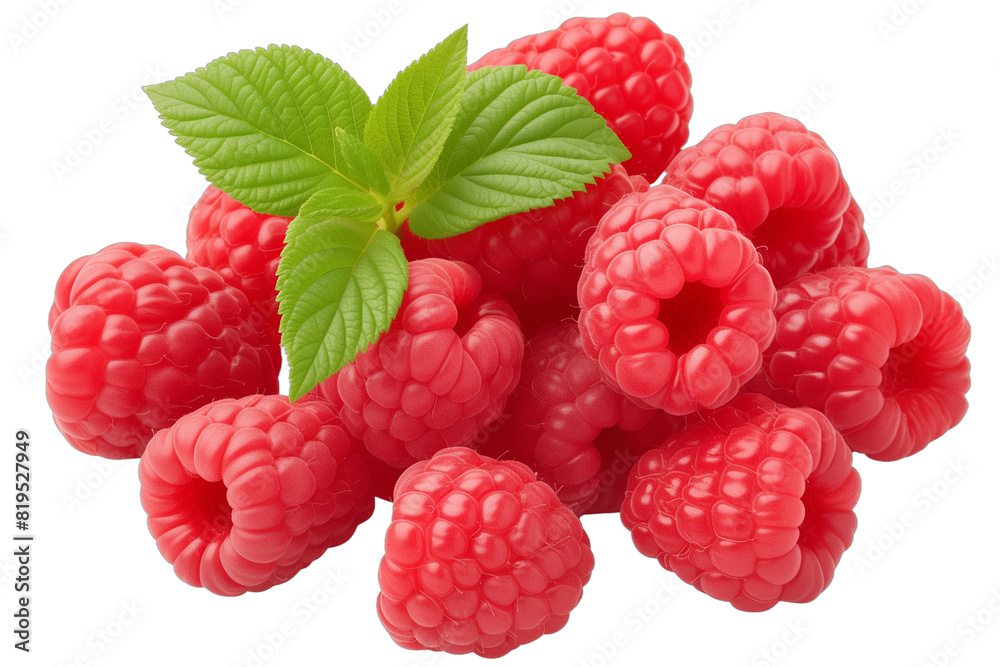 Raspberry isolated on transparent background. Close-up a small pile of raspberries with leaves. Raspberry cut out for label, advertisement. Flat lay. Png. Top view Raspberry isolated on transparent background. Close-up a small pile of raspberries with leaves. Raspberry cut out for label, advertisement. Flat lay. Png. Top view