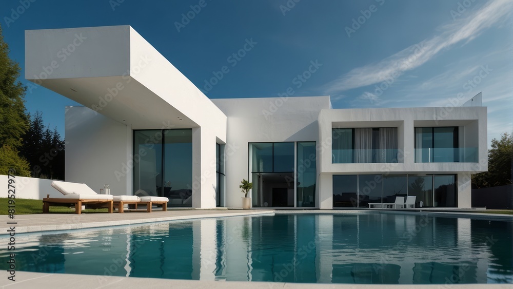 Fototapeta premium Architecture modern white house with swimming pool, 3D building design illustration