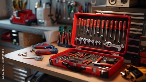 High Resolution Image of a Scarlet Red Electrical Toolkit Opened on a Technicianâ€™s Desk