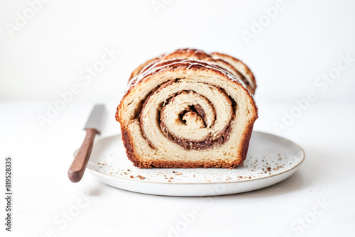 Closeup of a Cinnamon Roll on a White Plate photo