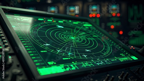 Realistic Photo of a Mint Green Radar Screen Tracking Aircrafts, Showcasing Air Traffic Control Technology