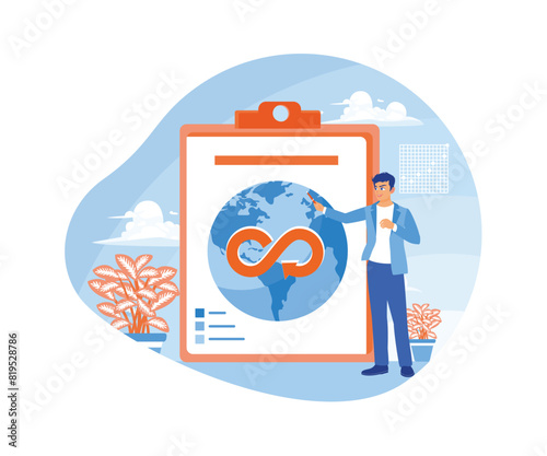 Businessman explains about global economic growth. Sustainable future business growth. Circular economy concept. Flat vector illustration.