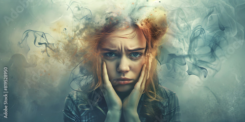 Woman overwhelmed by thoughts, depicted with abstract smoke., Artistic portrayal of stress and mental burden.