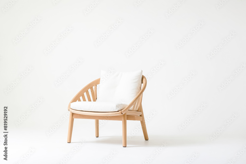 Fototapeta premium Wooden armchair with white cushion on a white background