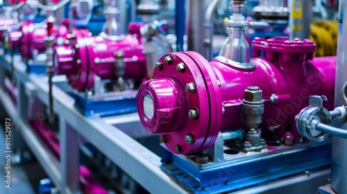 Vivid Photo of a Hot Pink Peristaltic Pump in a Chemical Manufacturing Line, Emphasizing Continuous Flow Processing