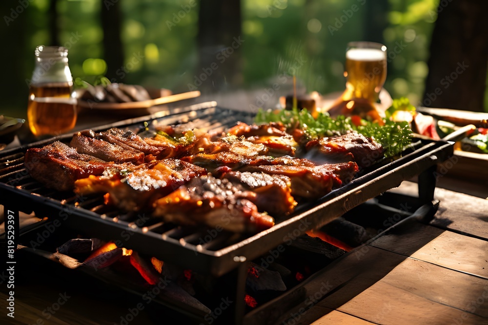 Pork rib racks roasting on a rectangular grill with wood members set in the woods far away and the sun far away. Large, long wooden tables are ready for meals, ai, generative