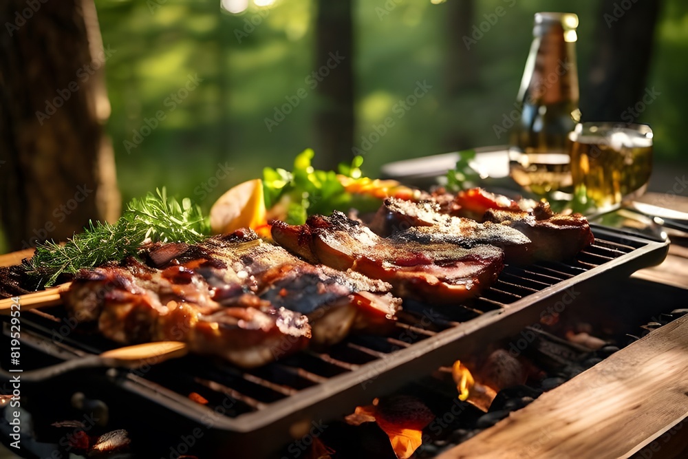 Pork rib racks roasting on a rectangular grill with wood members set in the woods far away and the sun far away. Large, long wooden tables are ready for meals, ai, generative