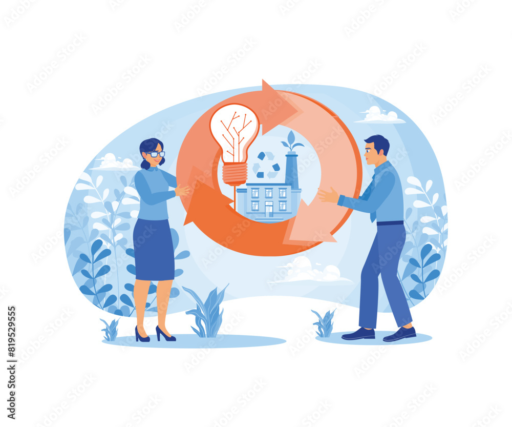 Businessman holding cycle sign with electric factory. Building environmentally friendly industries to reduce pollution. Circular economy concept. Flat vector illustration.