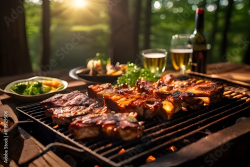 Pork rib racks roasting on a rectangular grill with wood members set in the woods far away and the sun far away. Large  long wooden tables are ready for meals  ai  generative