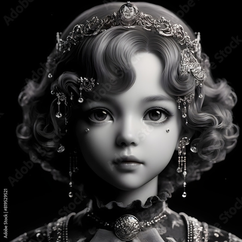 Eine schwarz-weiße Puppenillustration mit großen, ausdrucksvollen Augen, verziert mit aufwendigem, Kopfschmuck . Das Puppengesicht mit wirkt lebendig