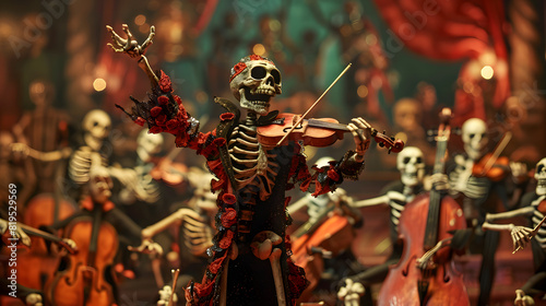 The Grim Reaper dressed in a flamboyant outfit conducting a music band