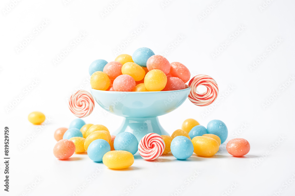 Colorful Candy in Blue Bowl with Lollipops