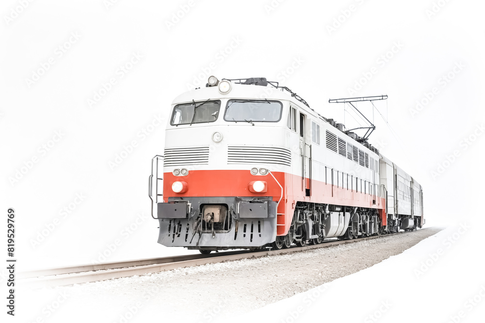 Red and White Train Travels Through Snowy Landscape Red and White Train Travels Through Snowy Landscape