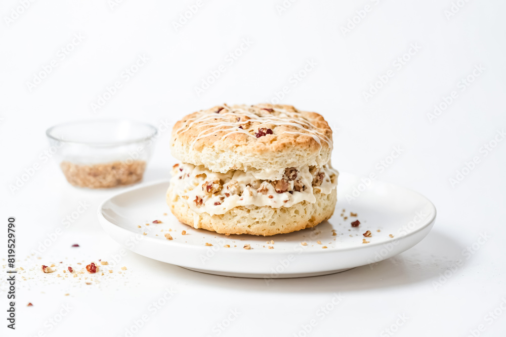 Biscuit Scone with Cream Cheese and Pecans on White Plate Biscuit Scone with Cream Cheese and Pecans on White Plate