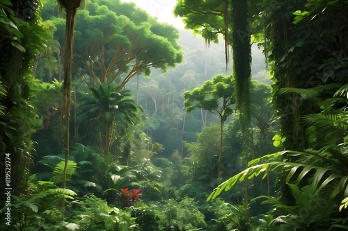 A densely forested tropical rainforest with vivid flora, shot in high definition © Rabaila