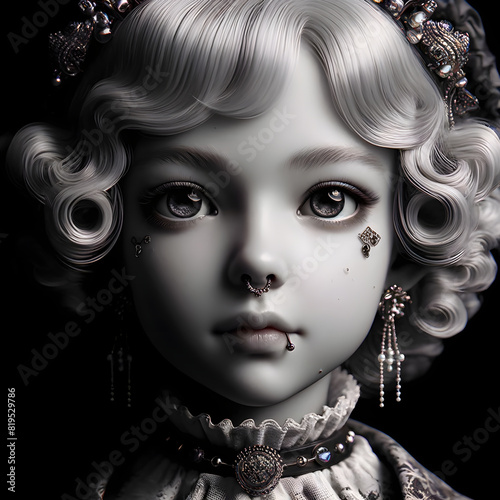 Eine schwarz-weiße Puppenillustration mit großen, ausdrucksvollen Augen, verziert mit aufwendigem, Kopfschmuck aus Perlen . Das Puppengesicht mit Piercing wirkt lebendig