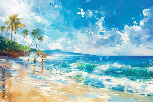 A joyful family splashing in the waves near the shore  with tall palm trees dotting the beach and a bright  sunny sky Watercolor  Bright colors and cool blues  Lively brushstrokes