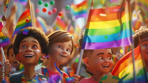 A group of children with pride flags, 3D render, joyful and supportive, diverse crowd