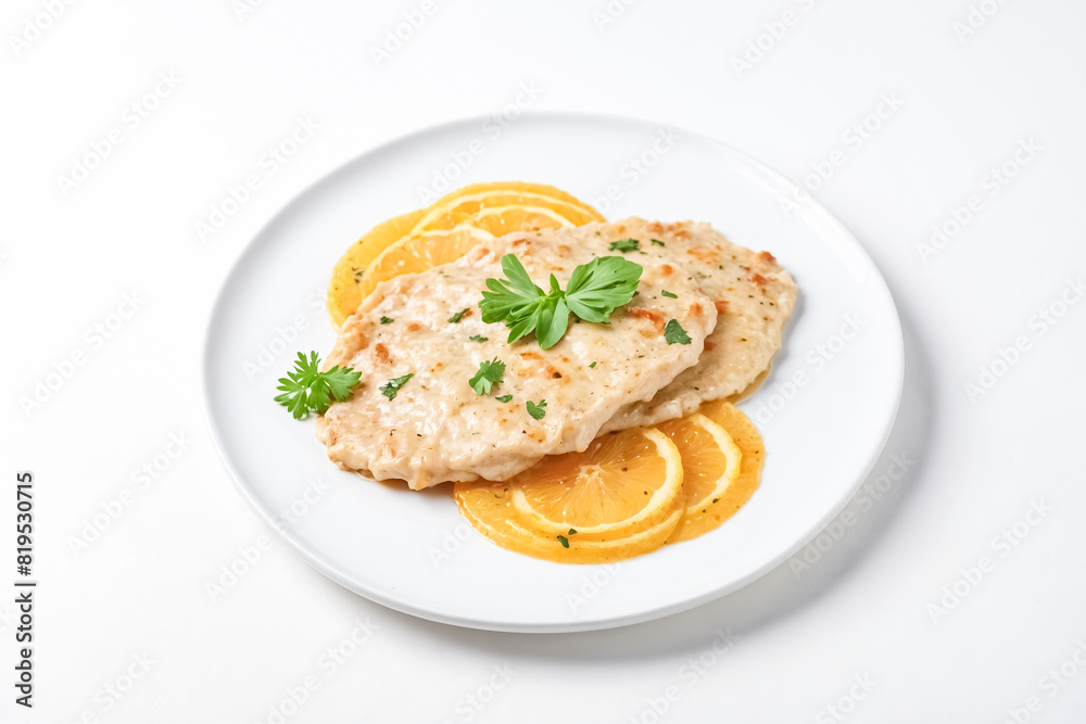 Chicken with Lemon Sauce on a White Plate