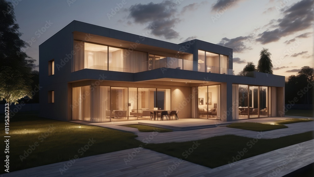 Architecture modern house with night atmosphere, Exterior 3D building design illustration Architecture modern house with night atmosphere, Exterior 3D building design illustration