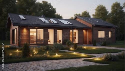 Architecture modern cozy clinker house on summer evening, 3D building design illustration photo