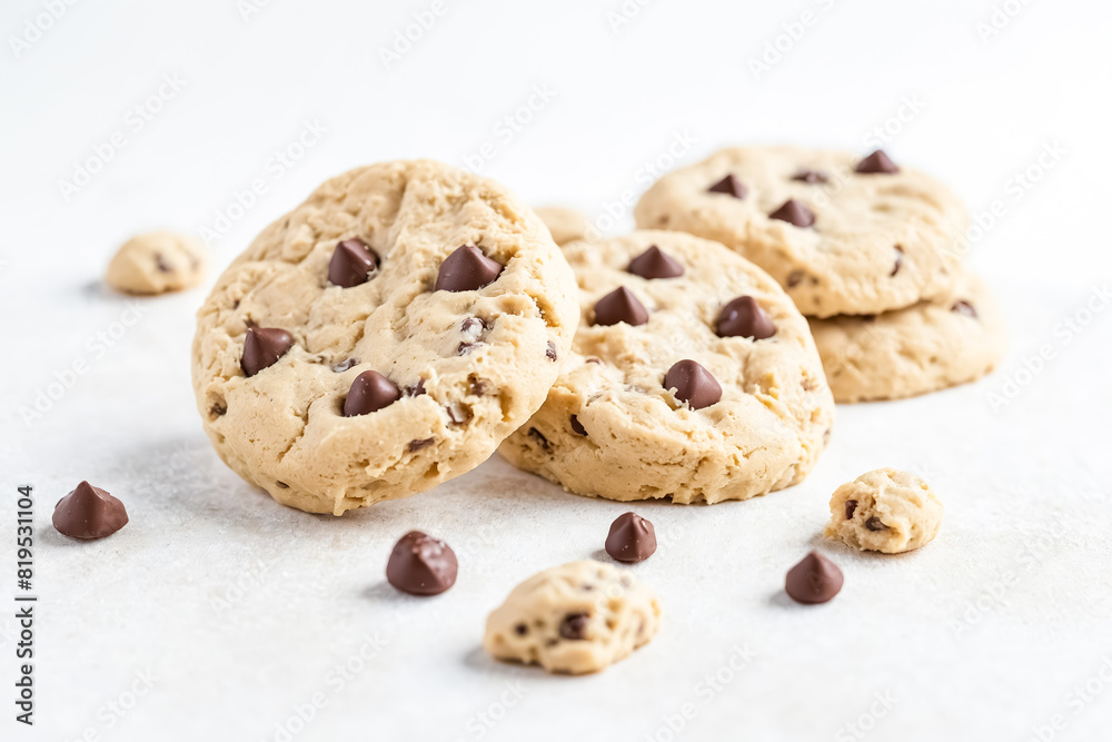 Close Up of Chocolate Chip Cookies on White Background Close Up of Chocolate Chip Cookies on White Background