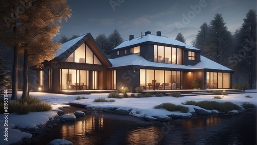 Architecture modern cozy clinker house on cool winter night, 3D building design illustration