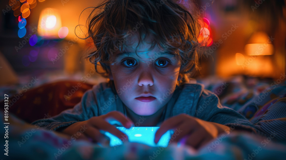 A child with wide eyes intently focuses on a glowing smartphone screen in a dimly lit room adorned with soft bokeh lights in the background.