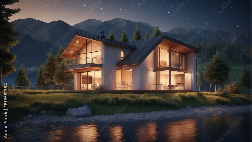 Architecture modern cozy house with river on summer night, 3D building design illustration