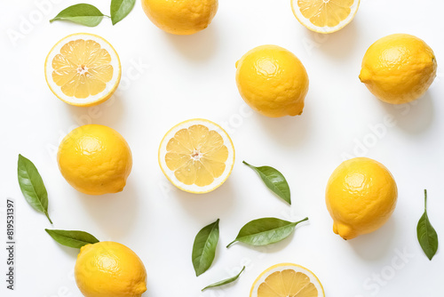 Fresh Lemons and Leaves on White Background