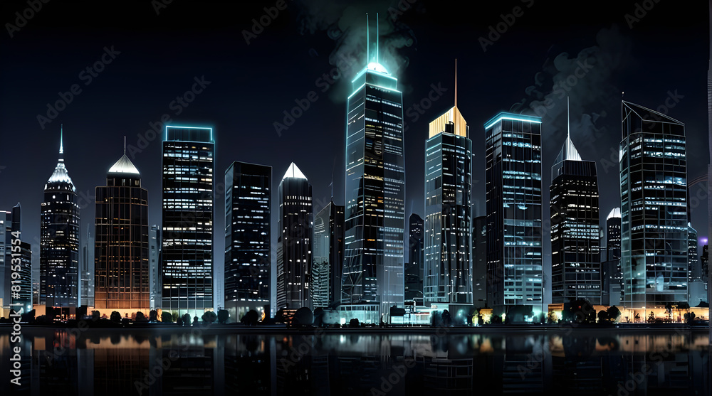 Fototapeta premium Glossy and artistic neon light effect urban landscapes of modern towering cities and Skyscrapers or Artistic textures and futuristic townscapes ai generative