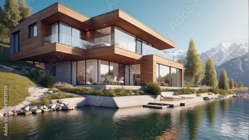 Architecture modern cozy house with river on sunny summer day, 3D building design illustration