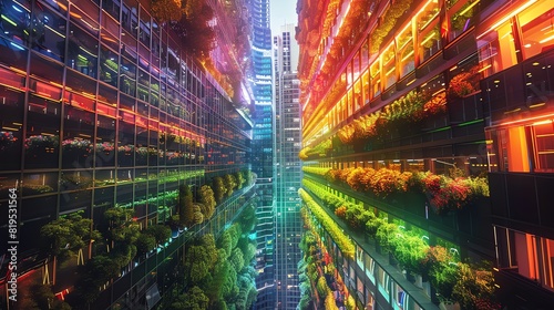 A front view of an AIoperated urban farm inside a skyscraper  showcasing vertical agriculture technology  with a technology tone in vivid colors