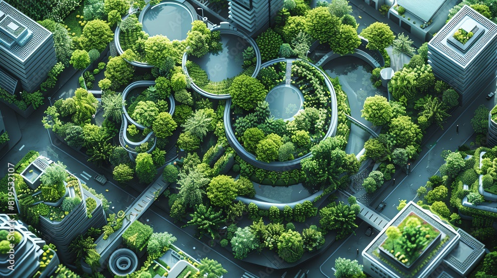 A top view of a smart urban garden that uses IoT devices to monitor plant health and optimize water usage