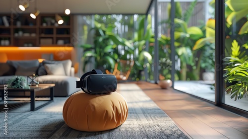 A virtual real estate office offering immersive property tours via VR, side view, exploring innovative real estate marketing, with a digital binary as object in vivid colors photo