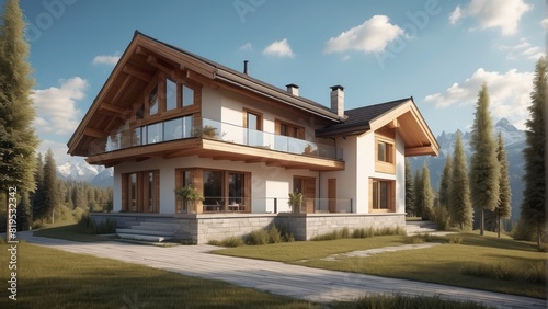 Architecture modern cozy house in chalet style with large garden on sunny summer day, 3D building design illustration