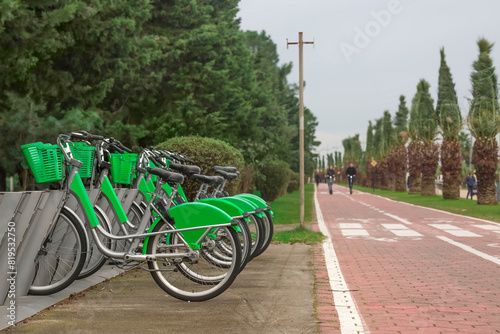 Green bicycles parked on a bike station next to the bike path