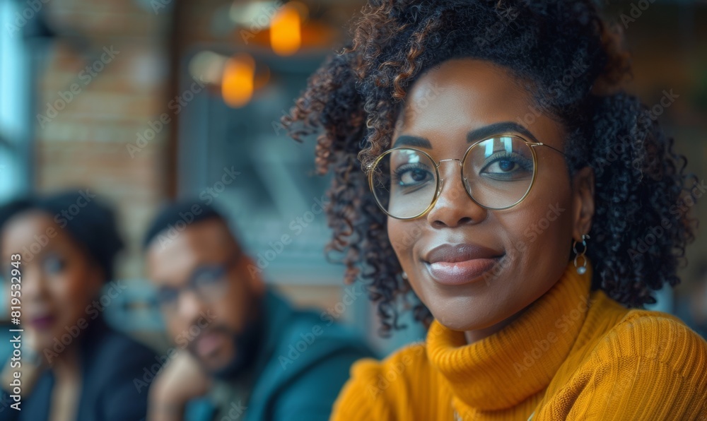 confident young american african woman in meeting with colleague.