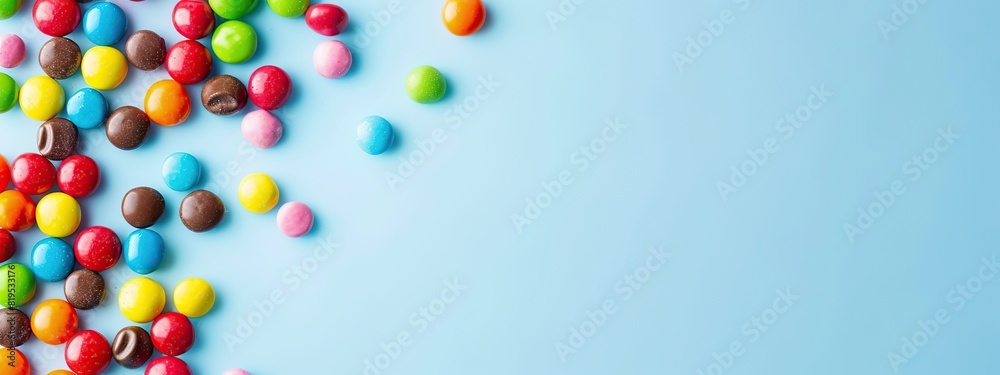 Obraz premium Colorful round candies scattered on a light blue background. Sweet food concept creates a lively and enjoyable atmosphere